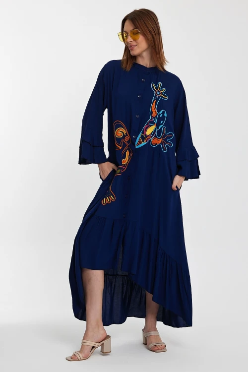 Maxi Boy Lacivert Hakim Yaka Nakış İşlemeli Uzun Boy Dokuma Gömlek Elbise BCVL-248140