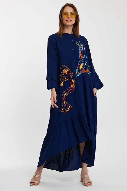 Maxi Boy Lacivert Hakim Yaka Nakış İşlemeli Uzun Boy Dokuma Gömlek Elbise BCVL-248140