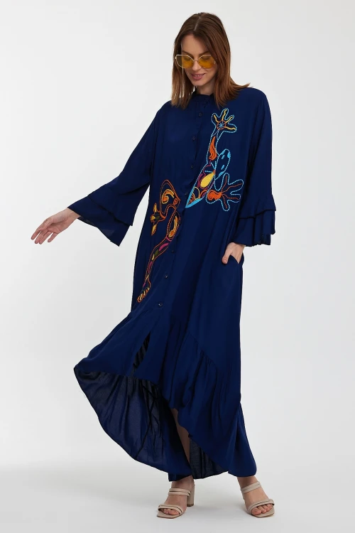 Maxi Boy Lacivert Hakim Yaka Nakış İşlemeli Uzun Boy Dokuma Gömlek Elbise BCVL-248140