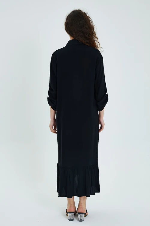 Maxi Boy Lacivert Nakış Ve Püskül Detaylı Uzun Boy Gömlek Elbise BCVL-24946