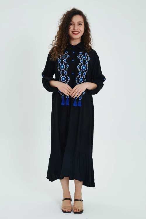 Maxi Boy Lacivert Nakış Ve Püskül Detaylı Uzun Boy Gömlek Elbise BCVL-24946