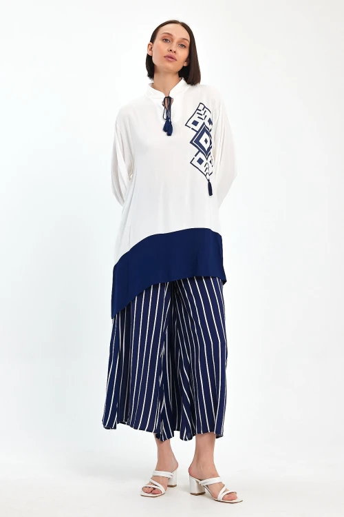 Maxi Boy Lacivert Renk Bloklu Çizgili Pantolon Ve Uzun Tunik Alt Üst Takım BCVL-241021