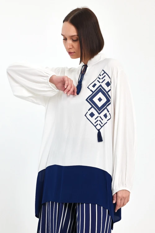 Maxi Boy Lacivert Renk Bloklu Çizgili Pantolon Ve Uzun Tunik Alt Üst Takım BCVL-241021