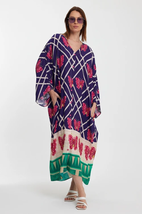 Maxi Boy Lacivert V Yaka Çiçek Desenli Uzun Boy Dokuma Gömlek Elbise BCVL-241032