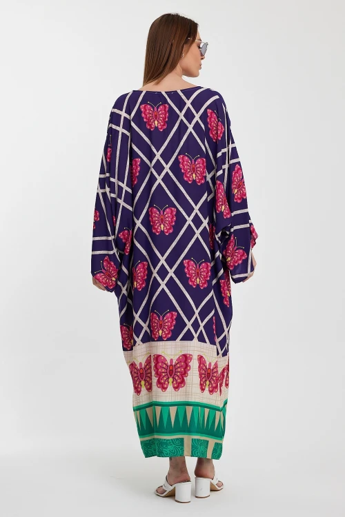 Maxi Boy Lacivert V Yaka Çiçek Desenli Uzun Boy Dokuma Gömlek Elbise BCVL-241032