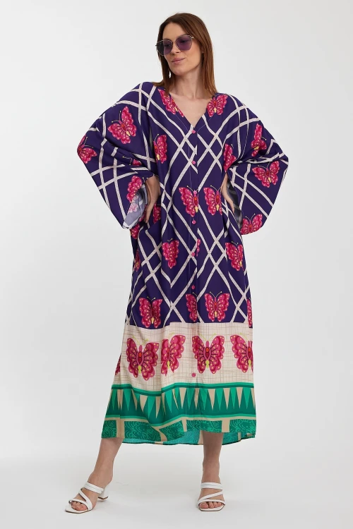 Maxi Boy Lacivert V Yaka Çiçek Desenli Uzun Boy Dokuma Gömlek Elbise BCVL-241032