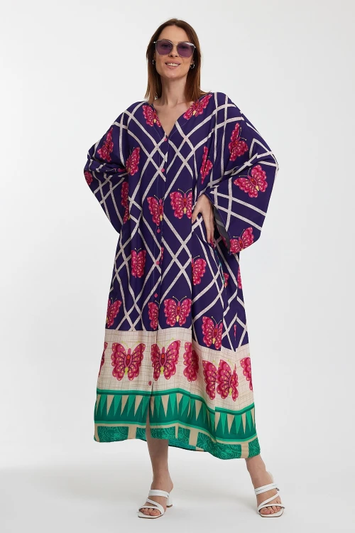 Maxi Boy Lacivert V Yaka Çiçek Desenli Uzun Boy Dokuma Gömlek Elbise BCVL-241032