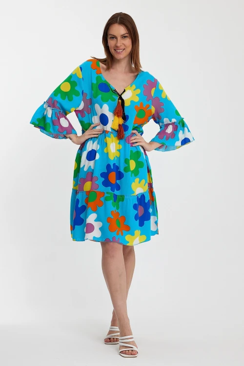 Maxi Boy Mavi Bisiklet Yaka Çiçek Desenli Dokuma Elbise BCVL-245490