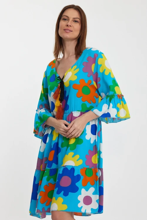 Maxi Boy Mavi Bisiklet Yaka Çiçek Desenli Dokuma Elbise BCVL-245490