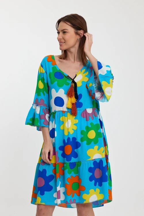 Maxi Boy Mavi Bisiklet Yaka Çiçek Desenli Dokuma Elbise BCVL-245490