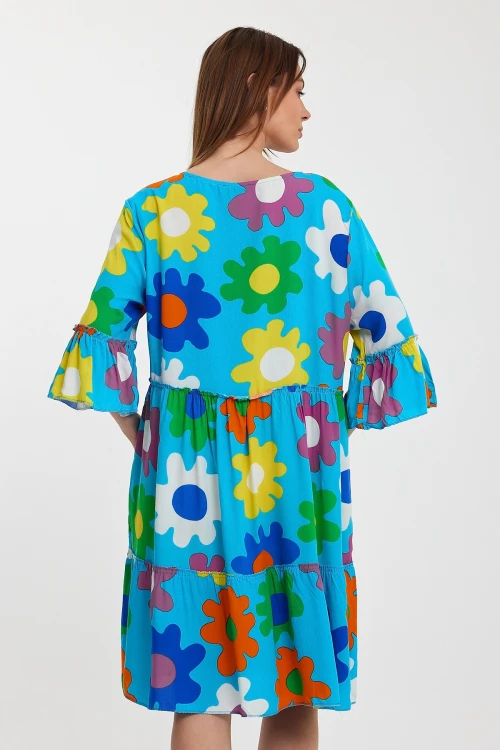 Maxi Boy Mavi Bisiklet Yaka Çiçek Desenli Dokuma Elbise BCVL-245490