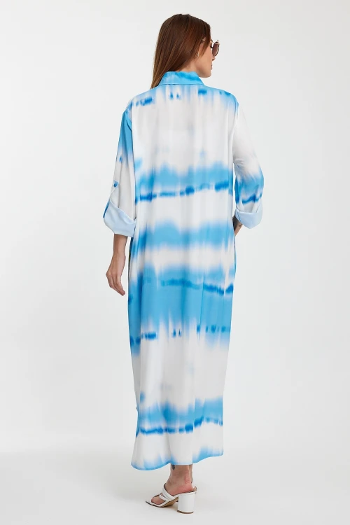 Maxi Boy Mavi Çiçek Desenli Degrade Uzun Boy Dokuma Gömlek Elbise BCVL-24987