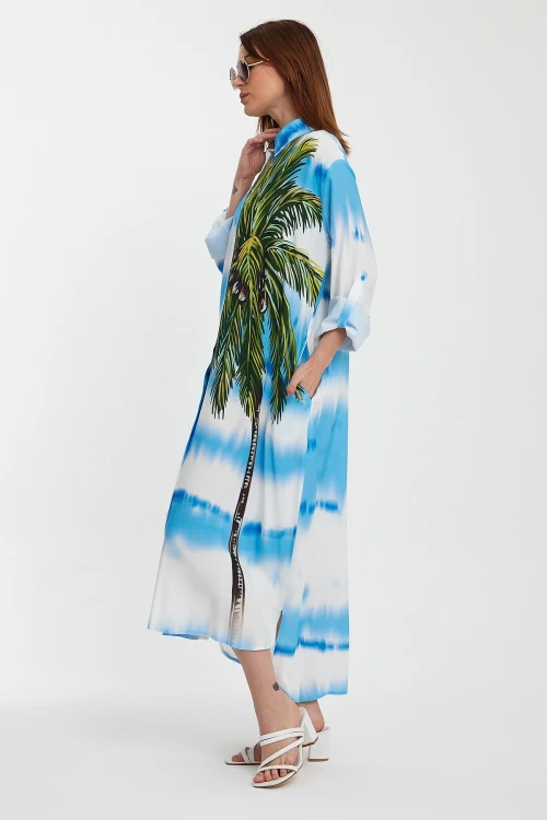 Maxi Boy Mavi Çiçek Desenli Degrade Uzun Boy Dokuma Gömlek Elbise BCVL-24987