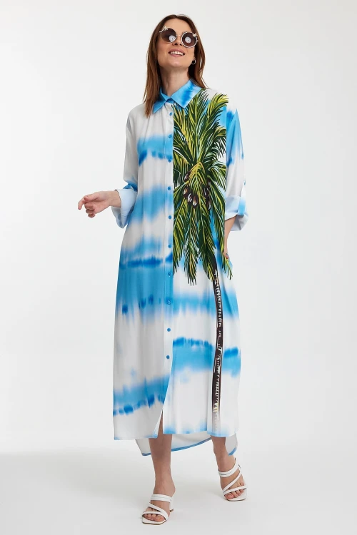 Maxi Boy Mavi Çiçek Desenli Degrade Uzun Boy Dokuma Gömlek Elbise BCVL-24987