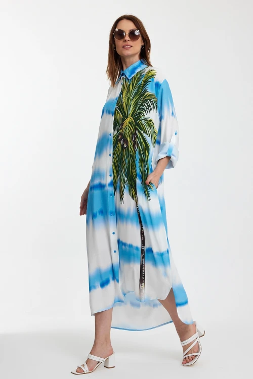 Maxi Boy Mavi Çiçek Desenli Degrade Uzun Boy Dokuma Gömlek Elbise BCVL-24987