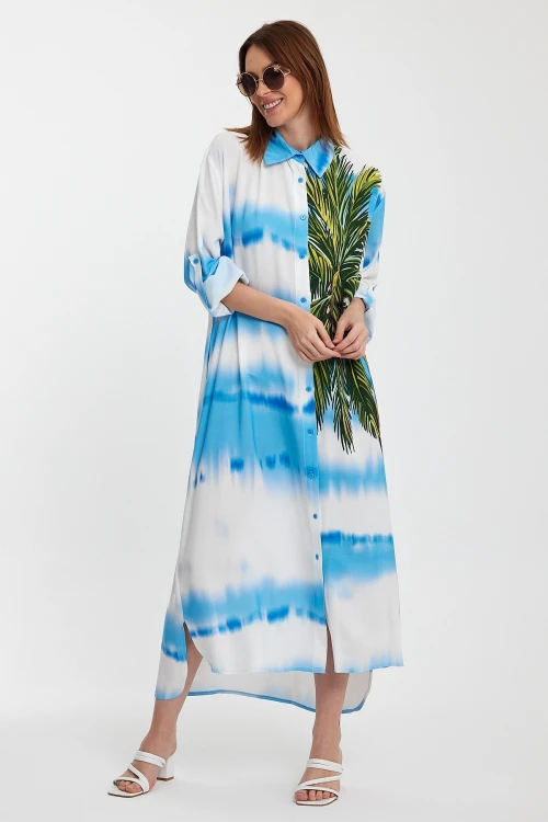 Maxi Boy Mavi Çiçek Desenli Degrade Uzun Boy Dokuma Gömlek Elbise BCVL-24987