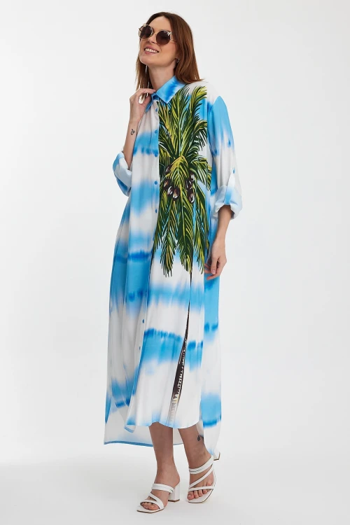 Maxi Boy Mavi Çiçek Desenli Degrade Uzun Boy Dokuma Gömlek Elbise BCVL-24987