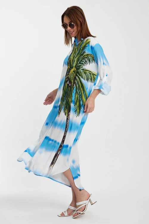 Maxi Boy Mavi Çiçek Desenli Degrade Uzun Boy Dokuma Gömlek Elbise BCVL-24987