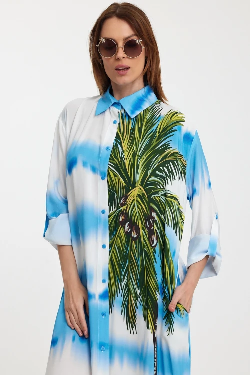 Maxi Boy Mavi Çiçek Desenli Degrade Uzun Boy Dokuma Gömlek Elbise BCVL-24987