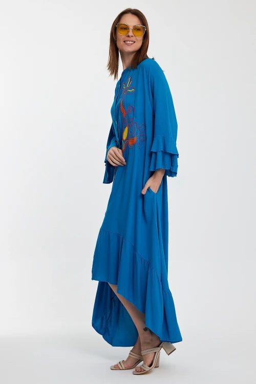 Maxi Boy Mavi Hakim Yaka Nakış İşlemeli Uzun Boy Dokuma Gömlek Elbise BCVL-248140