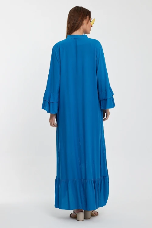 Maxi Boy Mavi Hakim Yaka Nakış İşlemeli Uzun Boy Dokuma Gömlek Elbise BCVL-248140