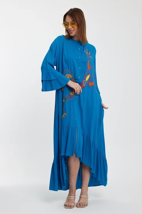 Maxi Boy Mavi Hakim Yaka Nakış İşlemeli Uzun Boy Dokuma Gömlek Elbise BCVL-248140