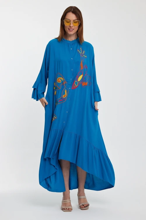 Maxi Boy Mavi Hakim Yaka Nakış İşlemeli Uzun Boy Dokuma Gömlek Elbise BCVL-248140