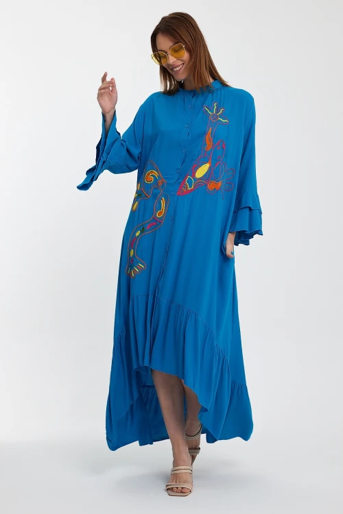 Maxi Boy Mavi Hakim Yaka Nakış İşlemeli Uzun Boy Dokuma Gömlek Elbise BCVL-248140