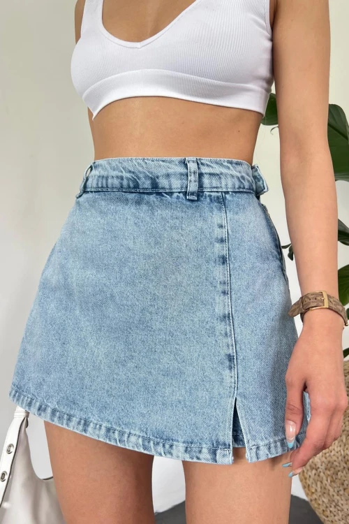 Mavi Yırtmaç Detaylı Denim Şort Etek BCDF-243309