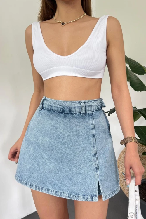 Mavi Yırtmaç Detaylı Denim Şort Etek BCDF-243309