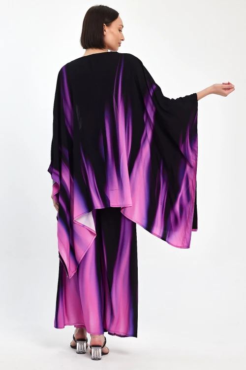 Maxi Boy Mor Degrade Desenli Pantolon Ve Kimono Dokuma Alt Üst Takım BCVL-24975