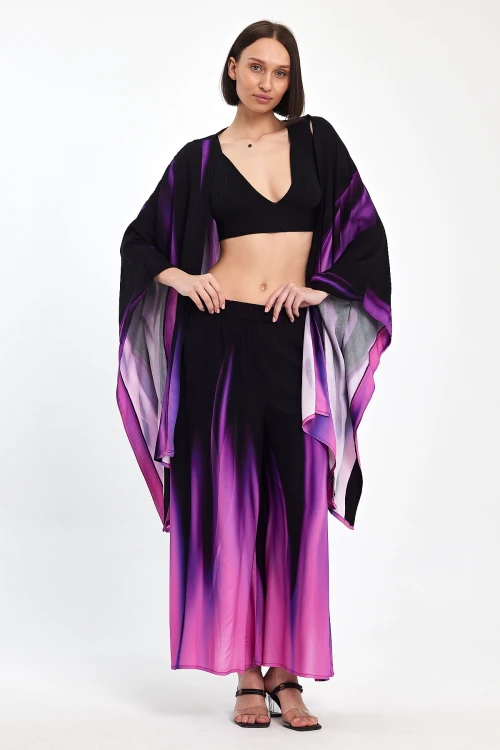 Maxi Boy Mor Degrade Desenli Pantolon Ve Kimono Dokuma Alt Üst Takım BCVL-24975