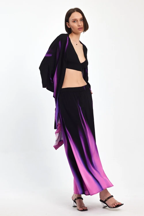 Maxi Boy Mor Degrade Desenli Pantolon Ve Kimono Dokuma Alt Üst Takım BCVL-24975