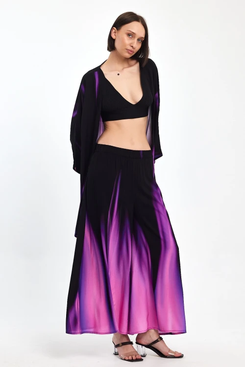 Maxi Boy Mor Degrade Desenli Pantolon Ve Kimono Dokuma Alt Üst Takım BCVL-24975