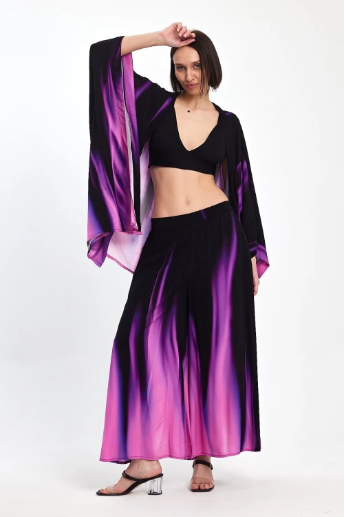 Maxi Boy Mor Degrade Desenli Pantolon Ve Kimono Dokuma Alt Üst Takım BCVL-24975