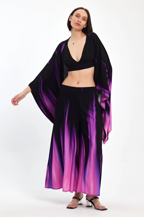 Maxi Boy Mor Degrade Desenli Pantolon Ve Kimono Dokuma Alt Üst Takım BCVL-24975