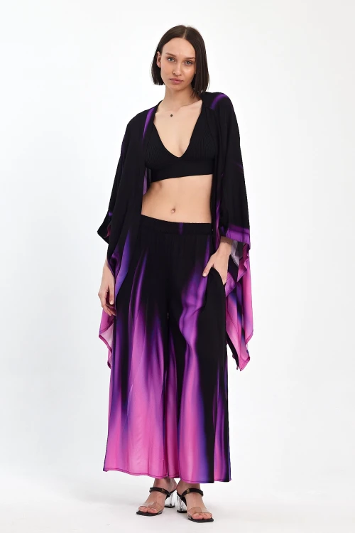 Maxi Boy Mor Degrade Desenli Pantolon Ve Kimono Dokuma Alt Üst Takım BCVL-24975