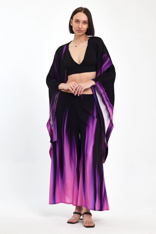 Maxi Boy Mor Degrade Desenli Pantolon Ve Kimono Dokuma Alt Üst Takım BCVL-24975