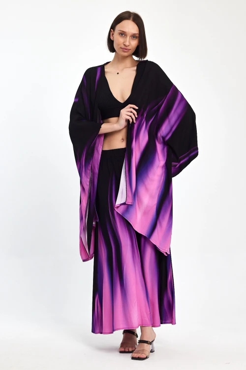 Maxi Boy Mor Degrade Desenli Pantolon Ve Kimono Dokuma Alt Üst Takım BCVL-24975