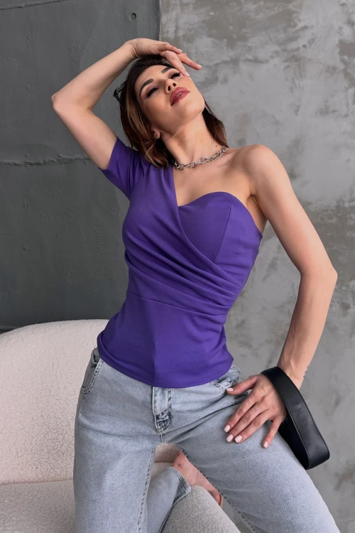 Mor Prenses Kol Tek Omuz Crep Bluz