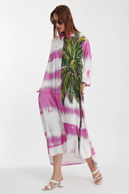 Maxi Boy Pembe Çiçek Desenli Degrade Uzun Boy Dokuma Gömlek Elbise BCVL-24987