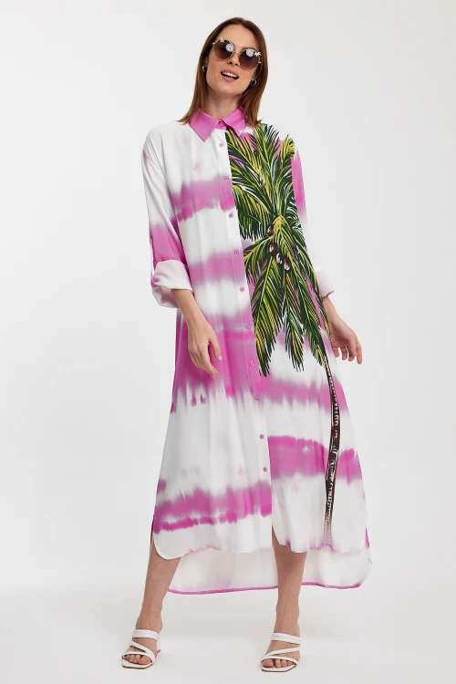 Maxi Boy Pembe Çiçek Desenli Degrade Uzun Boy Dokuma Gömlek Elbise BCVL-24987