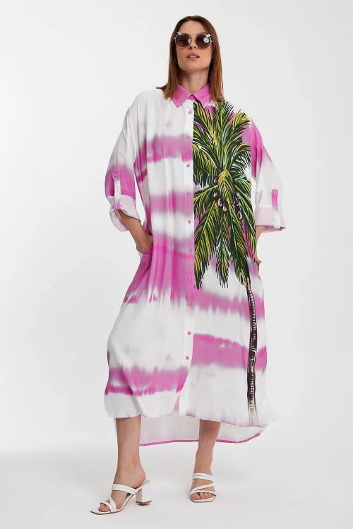 Maxi Boy Pembe Çiçek Desenli Degrade Uzun Boy Dokuma Gömlek Elbise BCVL-24987