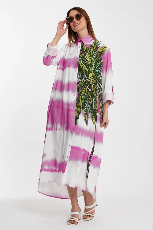 Maxi Boy Pembe Çiçek Desenli Degrade Uzun Boy Dokuma Gömlek Elbise BCVL-24987