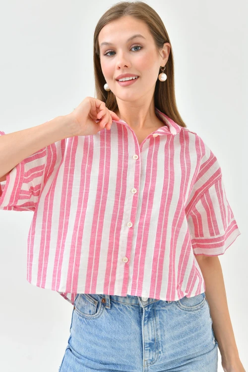 Pembe Çizgili Simli Duble Kol Crop Keten Dokuma Gömlek BC241157