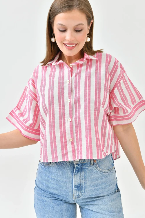Pembe Çizgili Simli Duble Kol Crop Keten Dokuma Gömlek BC241157