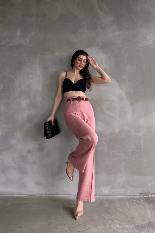 Pudra Beli Kemerli Keten Pantolon BCDF-241103