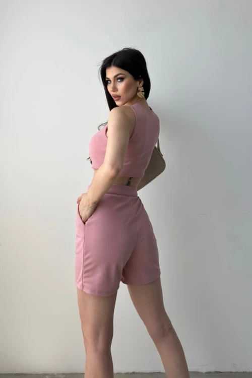 Pudra Kruvaze Yaka Düğme Detaylı Crop Yelek Ve Şort İkili Takım