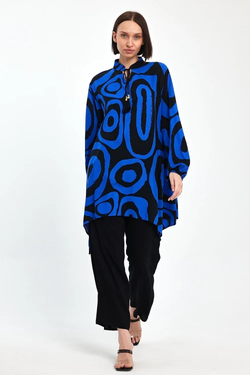 Maxi Boy Saks Geometrik Desenli Pantolon Ve Uzun Tunik Alt Üst Takım BCVL-241017