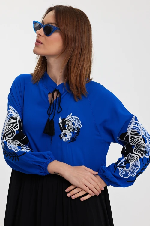 Maxi Boy Saks Hakim Yaka Nakış İşlemeli Renk Bloklu Uzun Boy Gömlek Elbise BCVL-24996